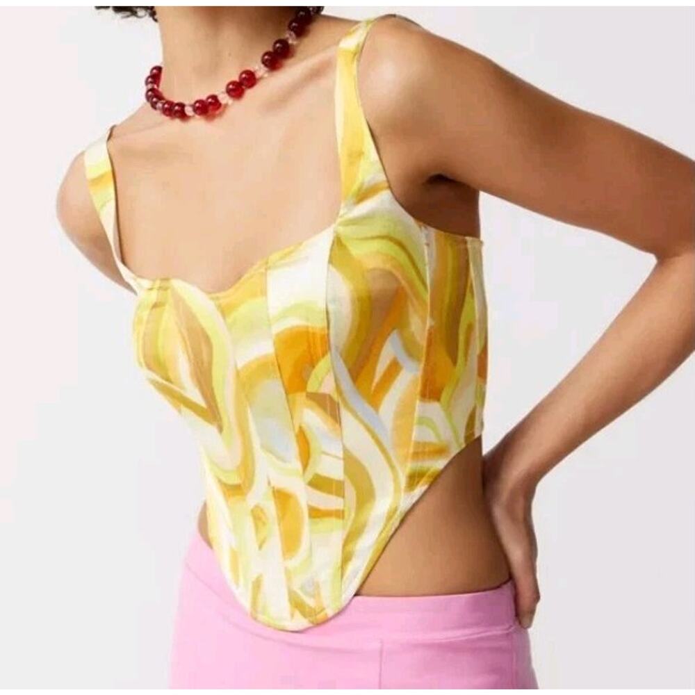 Bardot Tiani Corset Bustier Top Zipper Back Yellow Mod Swirl Print Size Small
